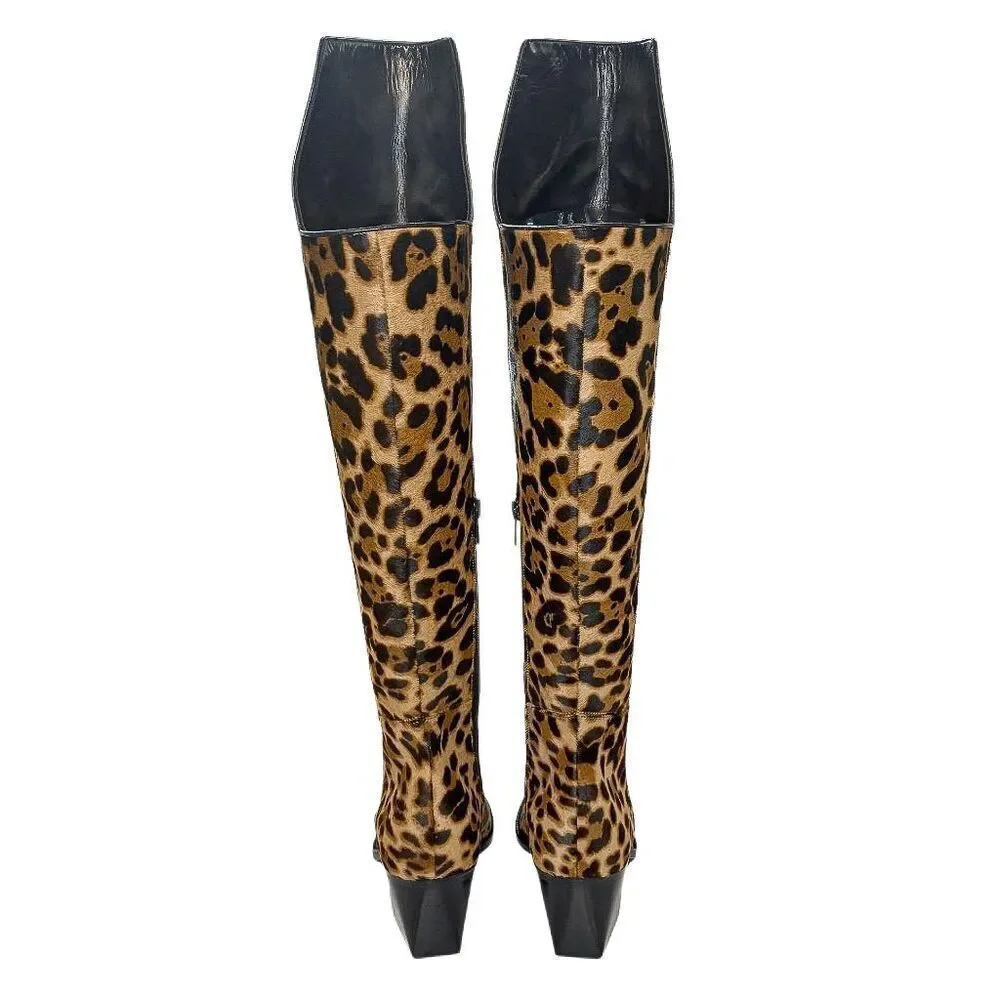 Christian Louboutin Morgan 70 Leopard Pony Hair Over The Knee OTK Boots EU 36